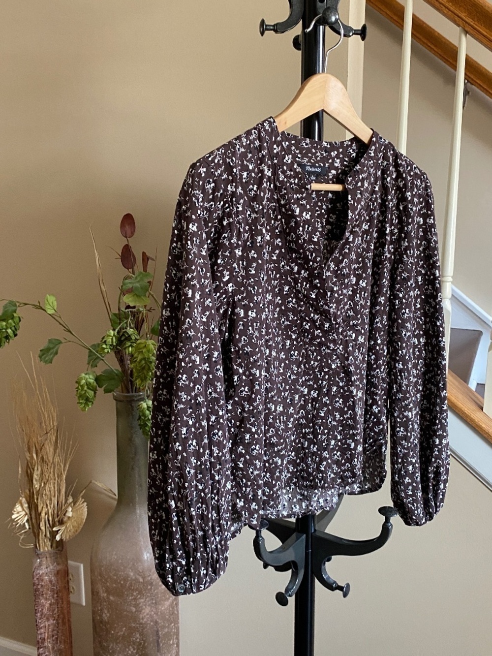 Madewell V-Neck Long-Sleeve Dark Carob Floral Top Size Large - Picture 3 of 16
